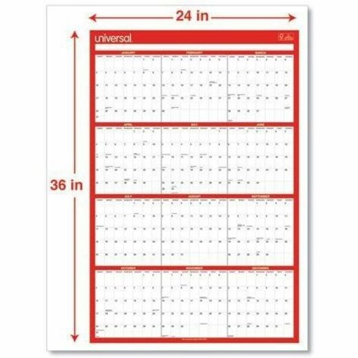 Erasable Wall Calendar, 24 x 36, White/Red Sheets, 12-Month (Jan to Dec): 2024