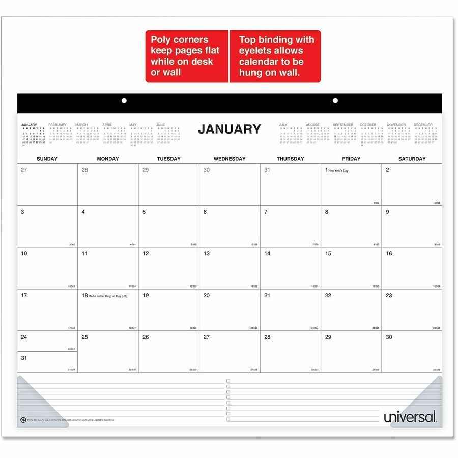 Desk Pad Calendar, 22 x 17, White/Black Sheets, Black Binding, Clear Corners, 12-Month (Jan to Dec): 2024