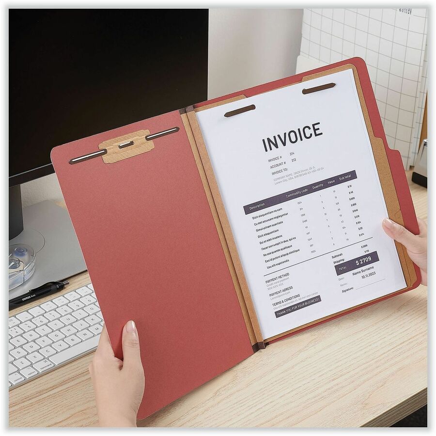 Six-Section Classification Folders, Heavy-Duty Pressboard Cover, 2 Dividers, 6 Fasteners, Letter Size, Brick Red, 20/Box