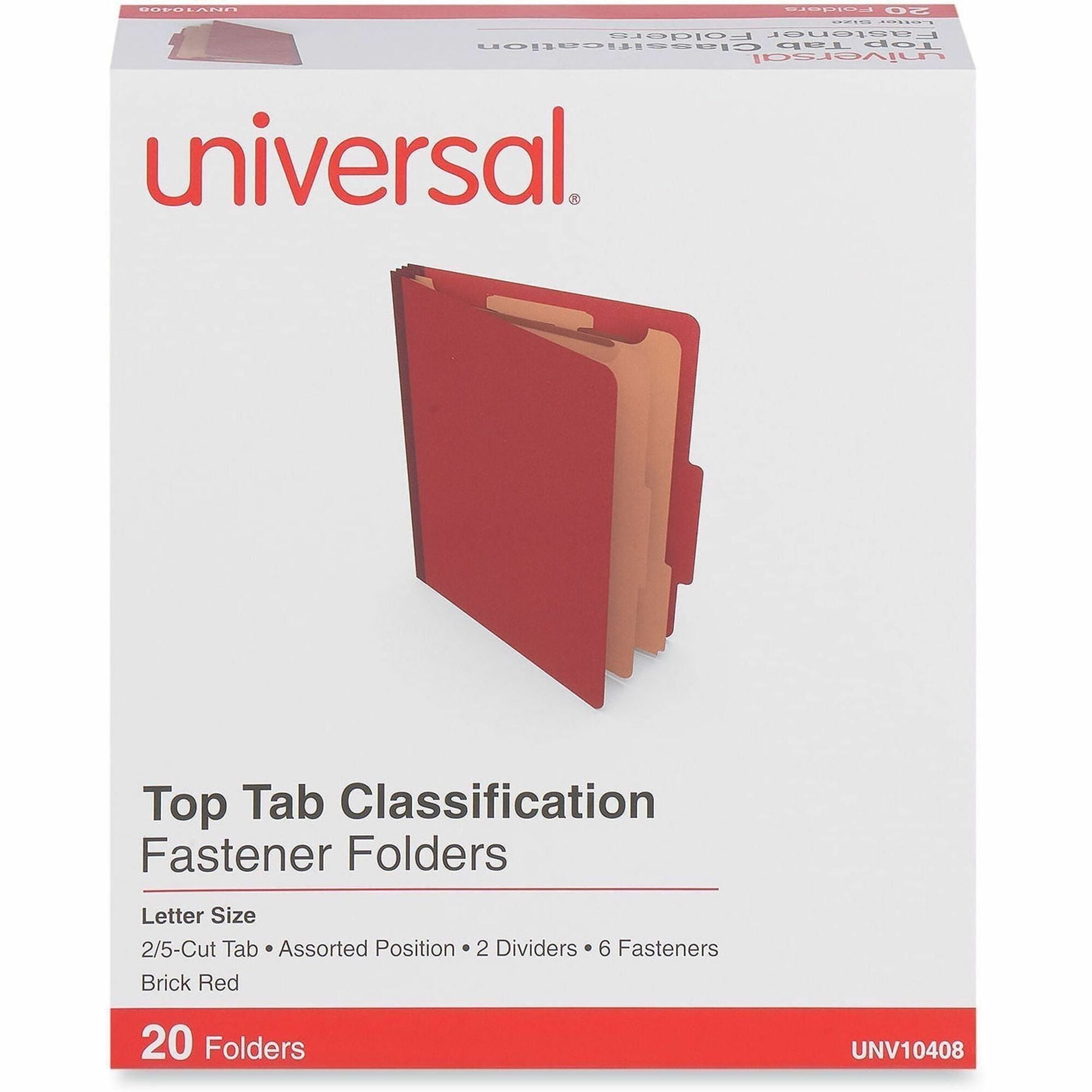 Six-Section Classification Folders, Heavy-Duty Pressboard Cover, 2 Dividers, 6 Fasteners, Letter Size, Brick Red, 20/Box