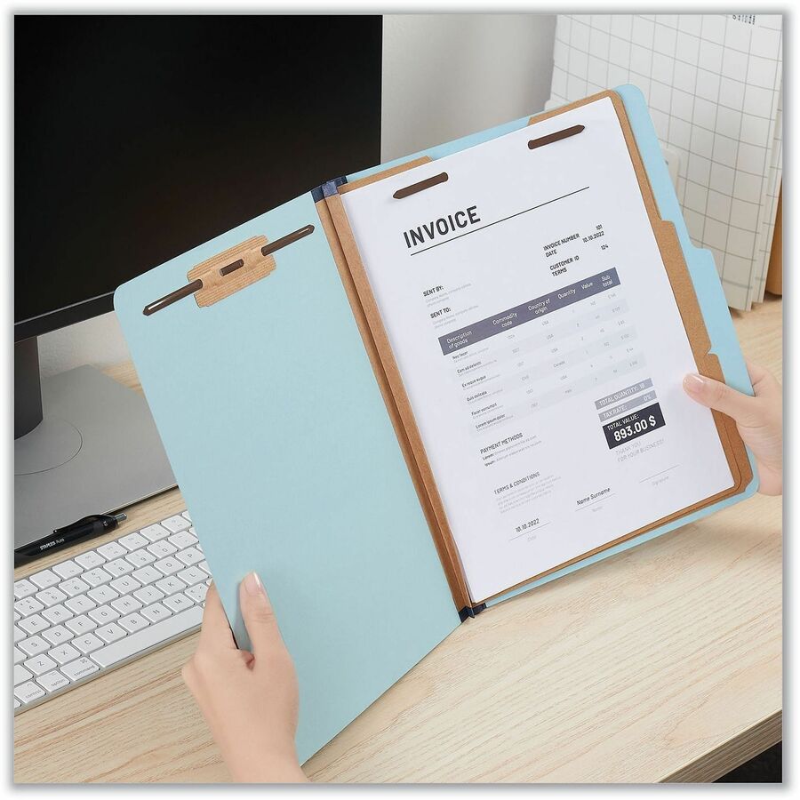 Six-Section Classification Folders, Heavy-Duty Pressboard Cover, 2 Dividers, 6 Fasteners, Letter Size, Light Blue, 20/Box
