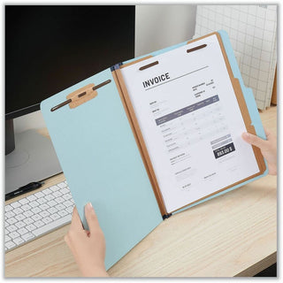 Six-Section Classification Folders, Heavy-Duty Pressboard Cover, 2 Dividers, 6 Fasteners, Letter Size, Light Blue, 20/Box