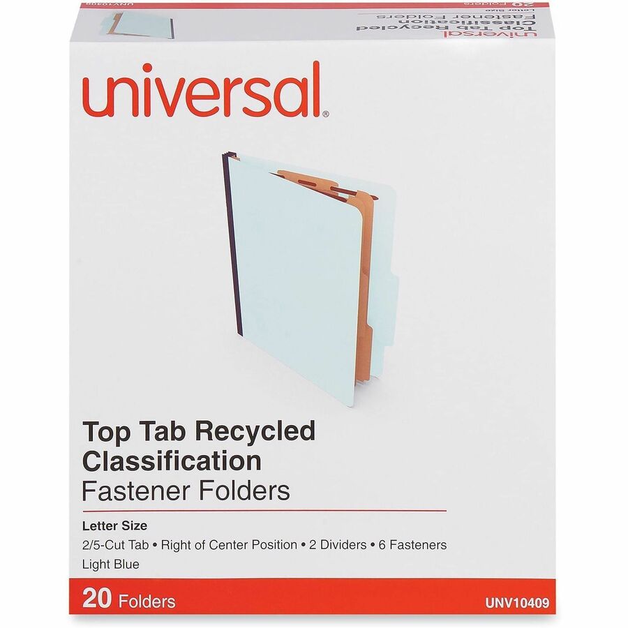 Six-Section Classification Folders, Heavy-Duty Pressboard Cover, 2 Dividers, 6 Fasteners, Letter Size, Light Blue, 20/Box