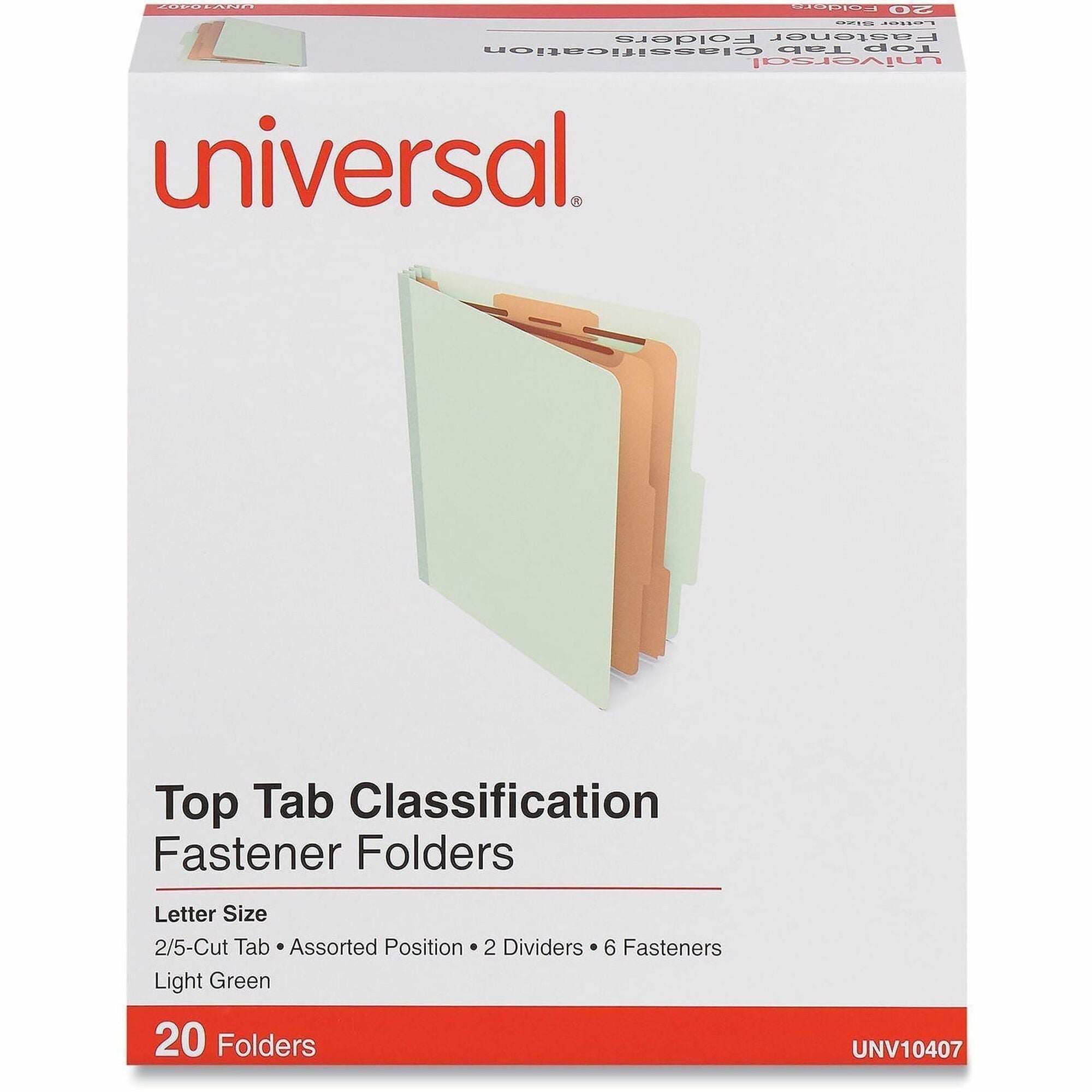 Six-Section Classification Folders, Heavy-Duty Pressboard Cover, 2 Dividers, 6 Fasteners, Letter Size, Light Green, 20/Box