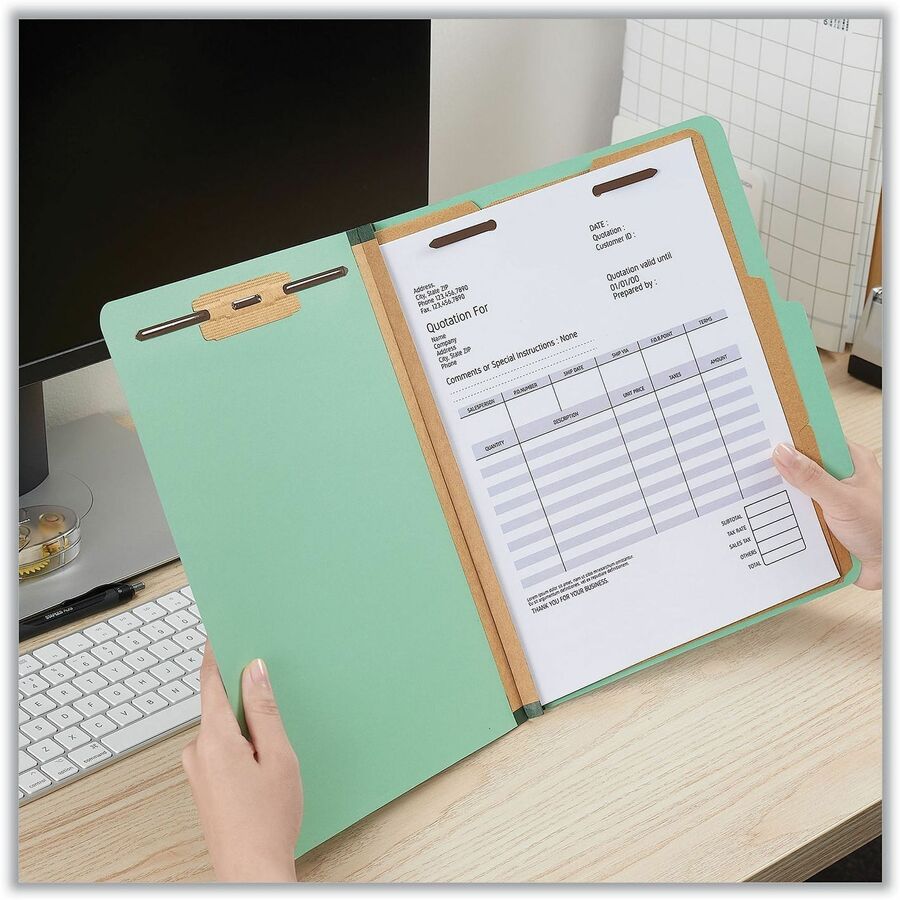 Six-Section Classification Folders, Heavy-Duty Pressboard Cover, 2 Dividers, 6 Fasteners, Letter Size, Light Green, 20/Box