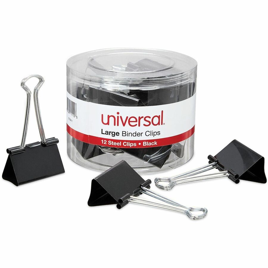 Binder Clips with Storage Tub, Large, Black/Silver, 12/Pack