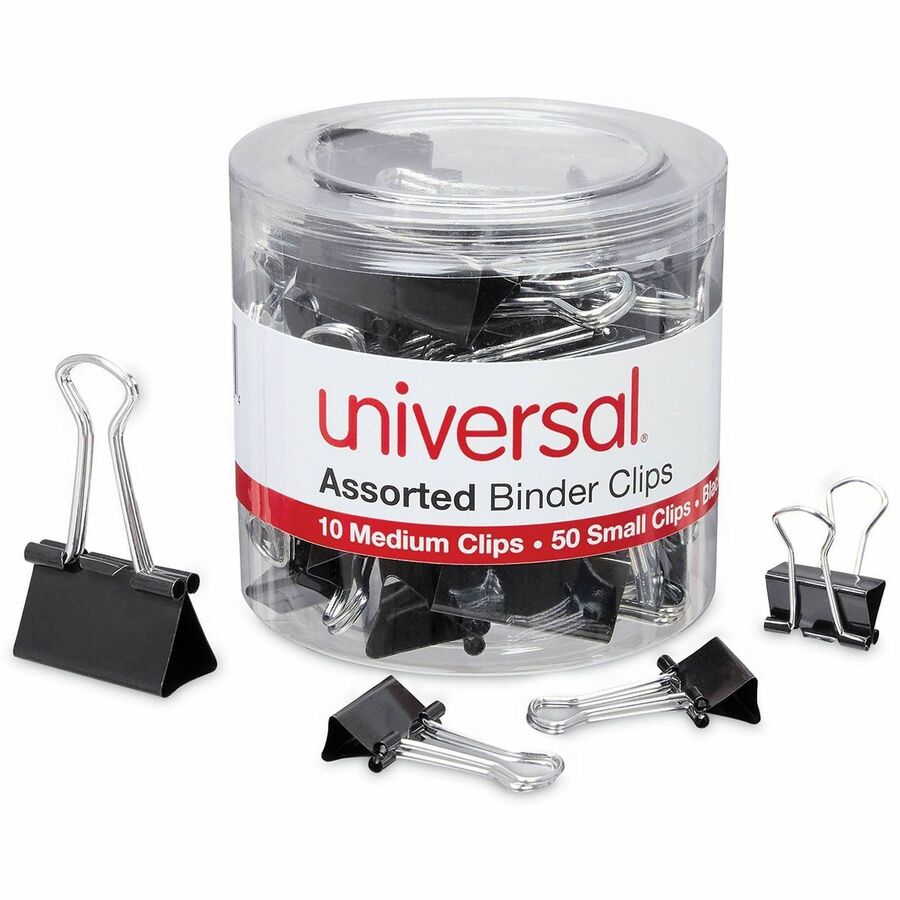 Binder Clips with Storage Tub, (50) Small (0.75"), (10) Medium (1.25"), Black/Silver