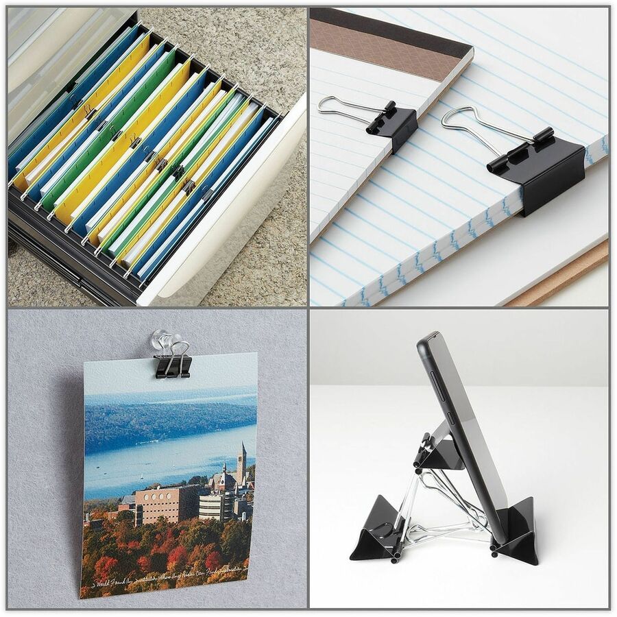 Binder Clips with Storage Tub, (50) Small (0.75"), (10) Medium (1.25"), Black/Silver