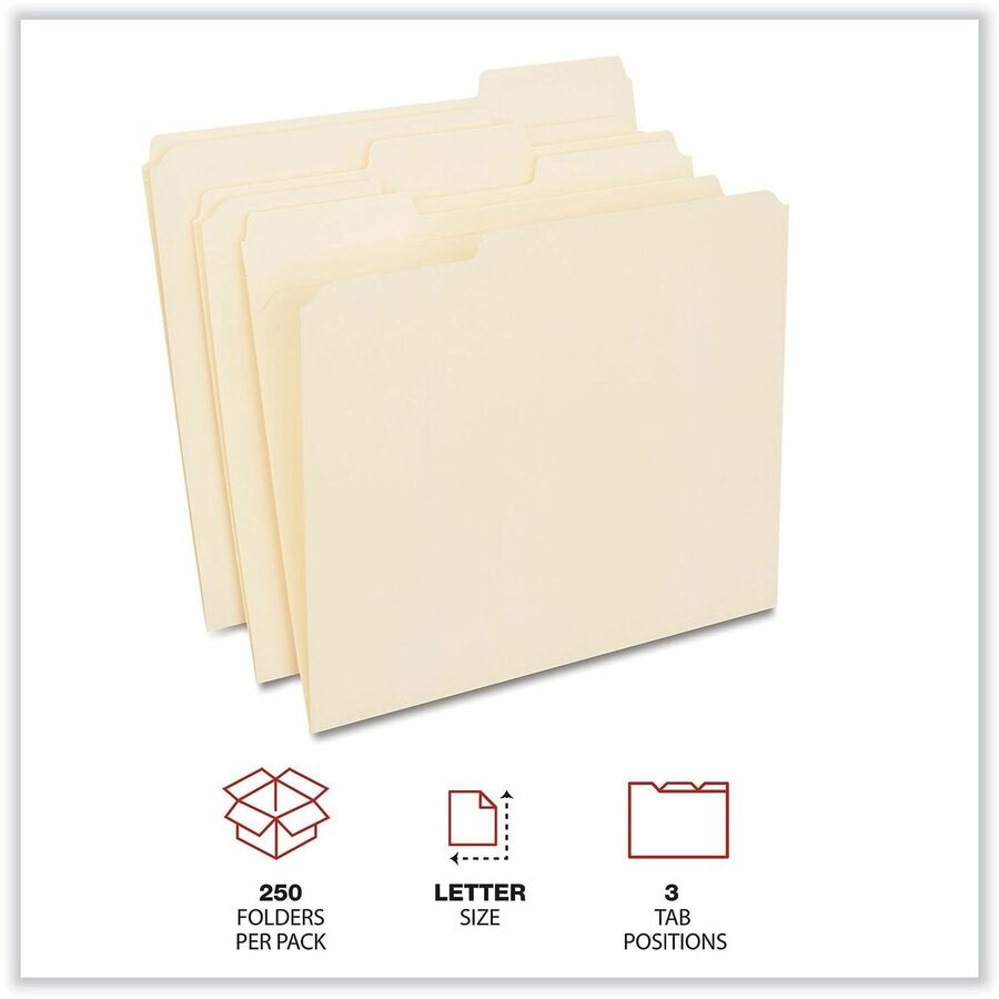 Reinforced Top Tab File Folders, 1/3-Cut Tabs: Assorted, Letter Size, 0.75" Expansion, Manila, 250/Carton