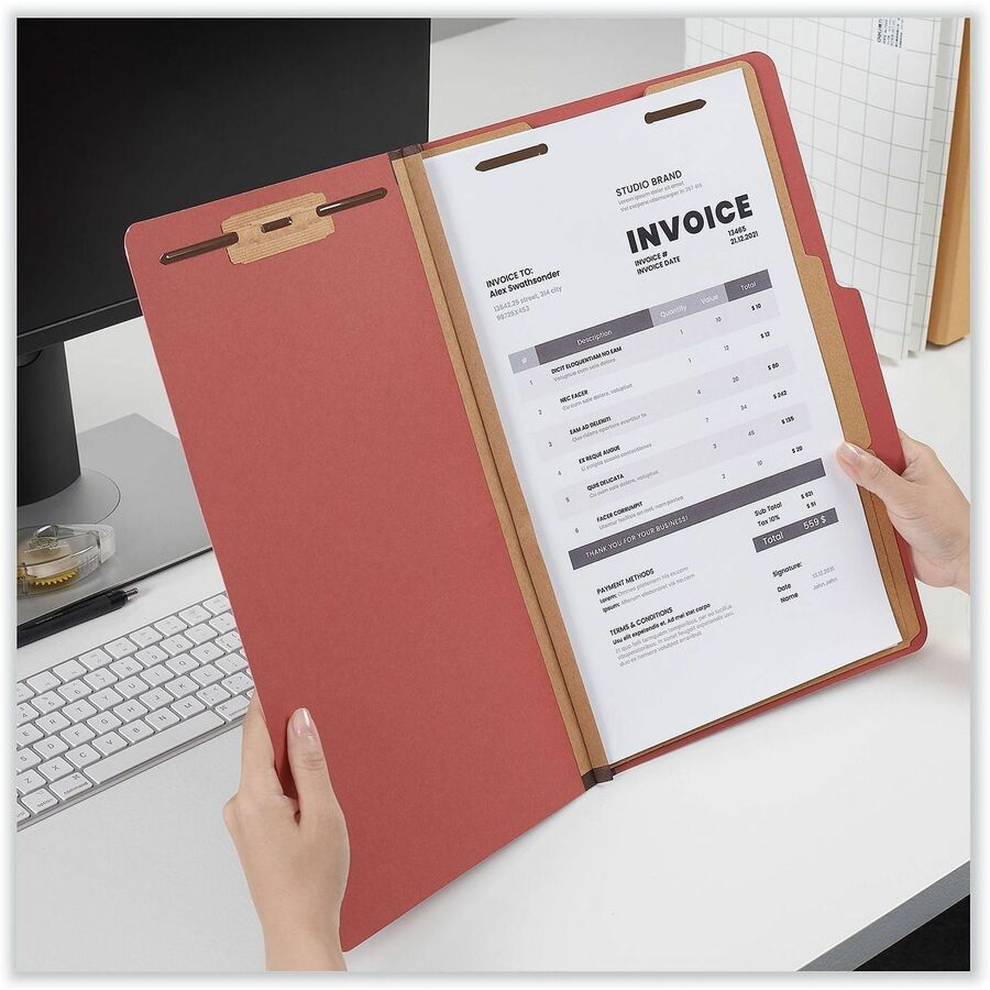 Six-Section Classification Folders, Heavy-Duty Pressboard Cover, 2 Dividers, 6 Fasteners, Legal Size, Brick Red, 20/Box