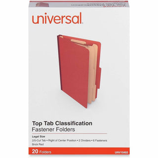 Six-Section Classification Folders, Heavy-Duty Pressboard Cover, 2 Dividers, 6 Fasteners, Legal Size, Brick Red, 20/Box