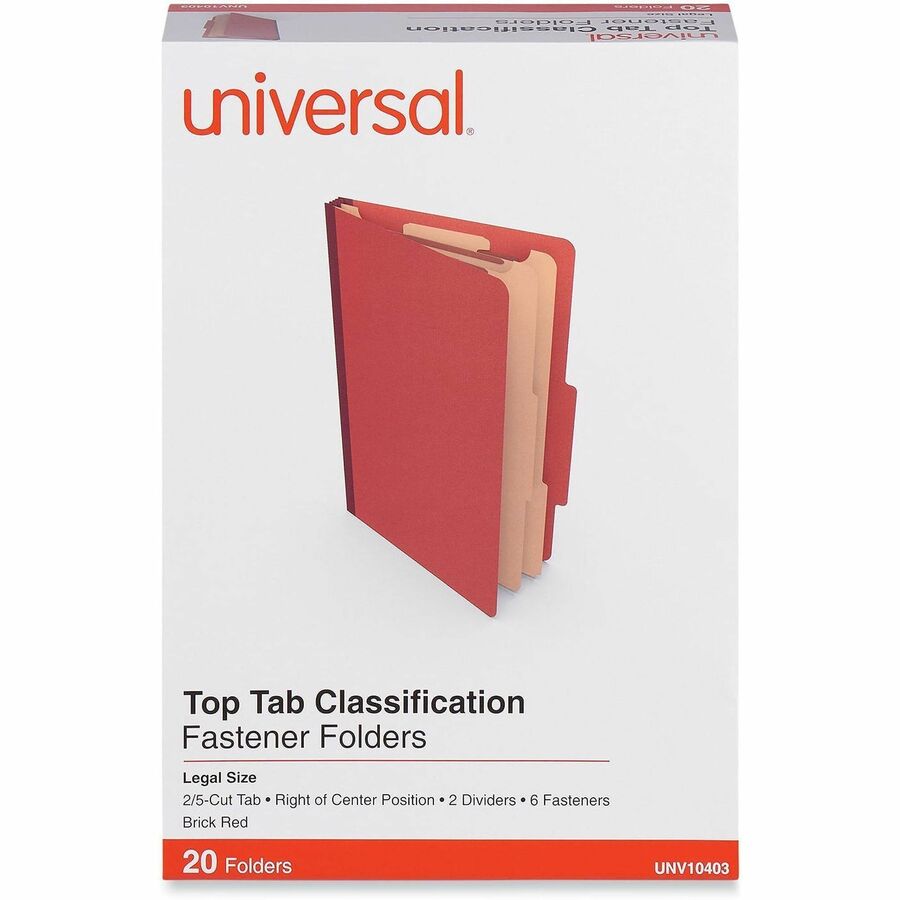 Six-Section Classification Folders, Heavy-Duty Pressboard Cover, 2 Dividers, 6 Fasteners, Legal Size, Brick Red, 20/Box