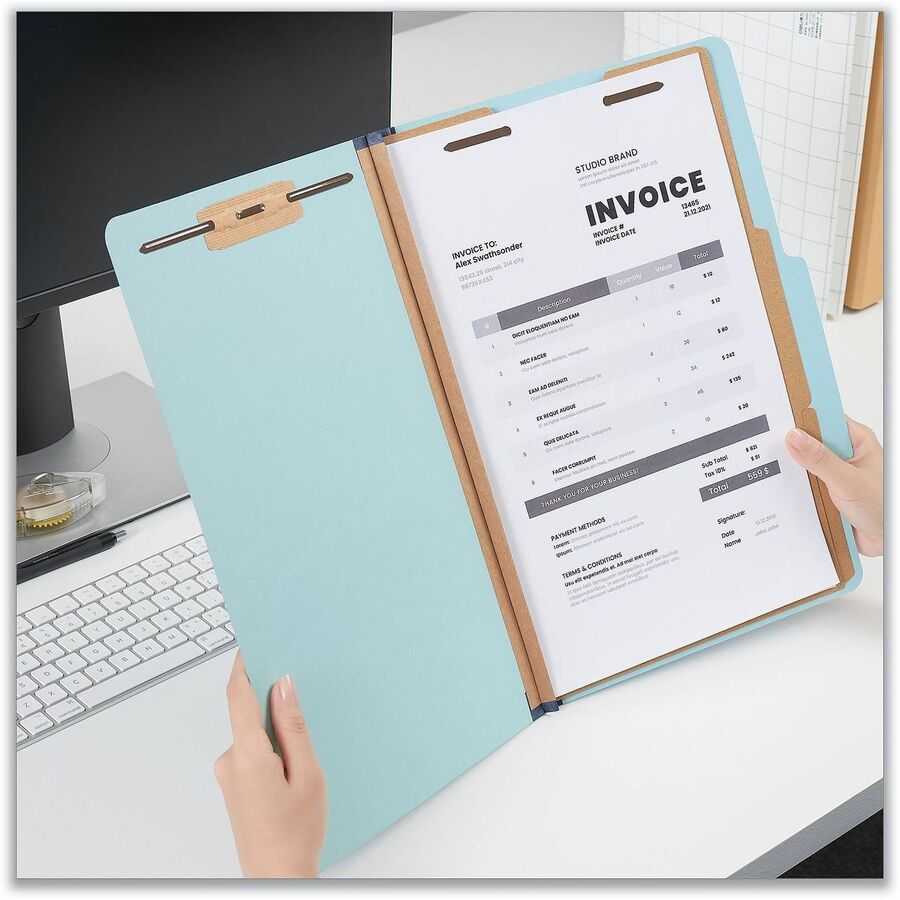 Six-Section Classification Folders, Heavy-Duty Pressboard Cover, 2 Dividers, 6 Fasteners, Legal Size, Light Blue, 20/Box