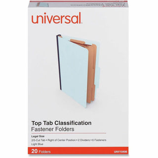 Six-Section Classification Folders, Heavy-Duty Pressboard Cover, 2 Dividers, 6 Fasteners, Legal Size, Light Blue, 20/Box