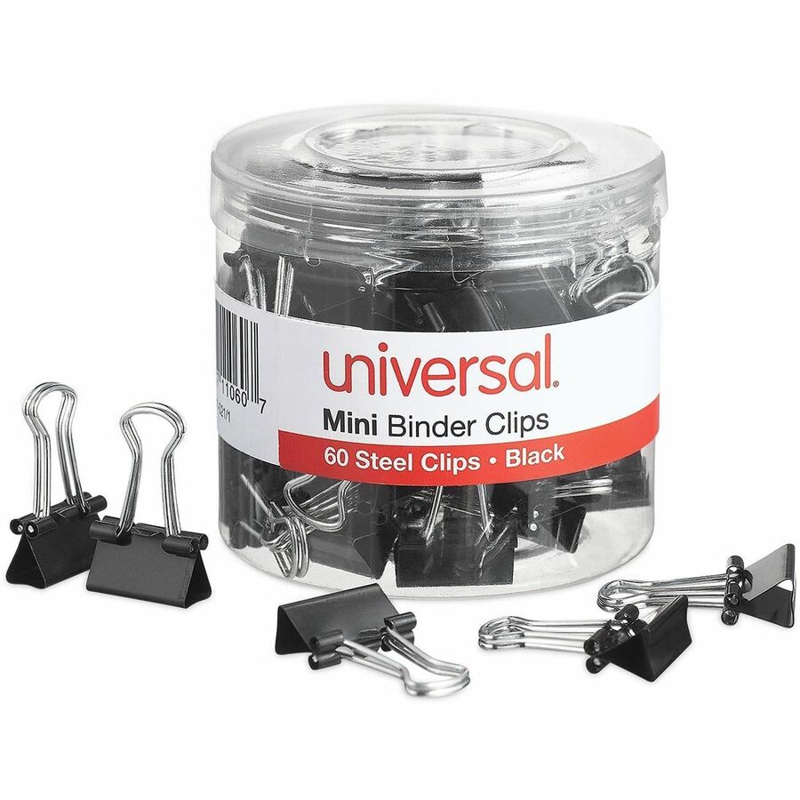 Binder Clips with Storage Tub, Mini, Black/Silver, 60/Pack