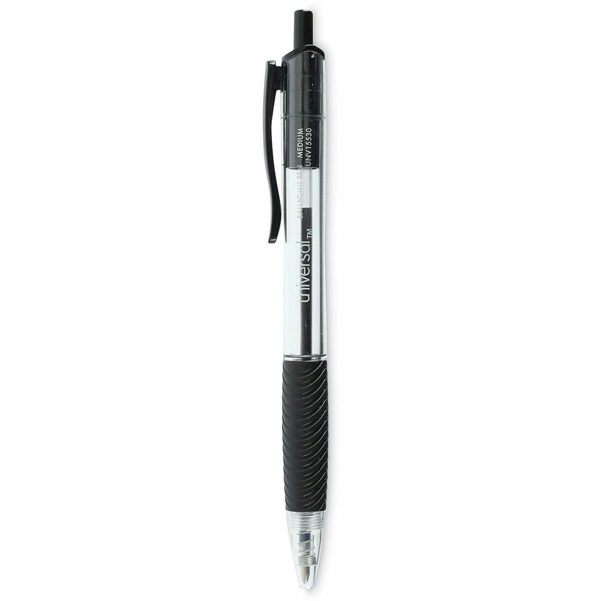Comfort Grip Ballpoint Pen, Retractable, Medium 1 mm, Black Ink, Clear/Black Barrel, 48/Pack
