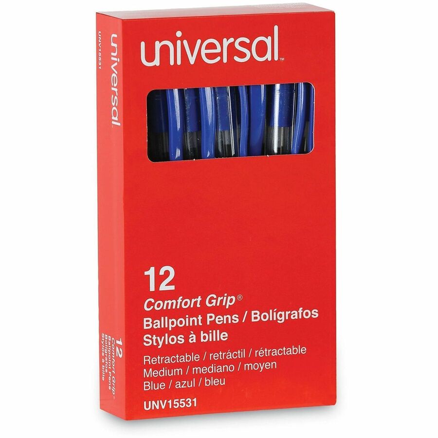 Comfort Grip Ballpoint Pen, Retractable, Medium 1 mm, Blue Ink, Clear/Blue Barrel, Dozen