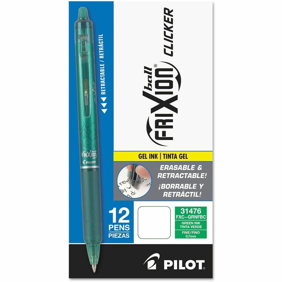 FriXion Clicker Erasable Gel Pen, Retractable, Fine 0.7 mm, Green Ink, Green Barrel, Dozen