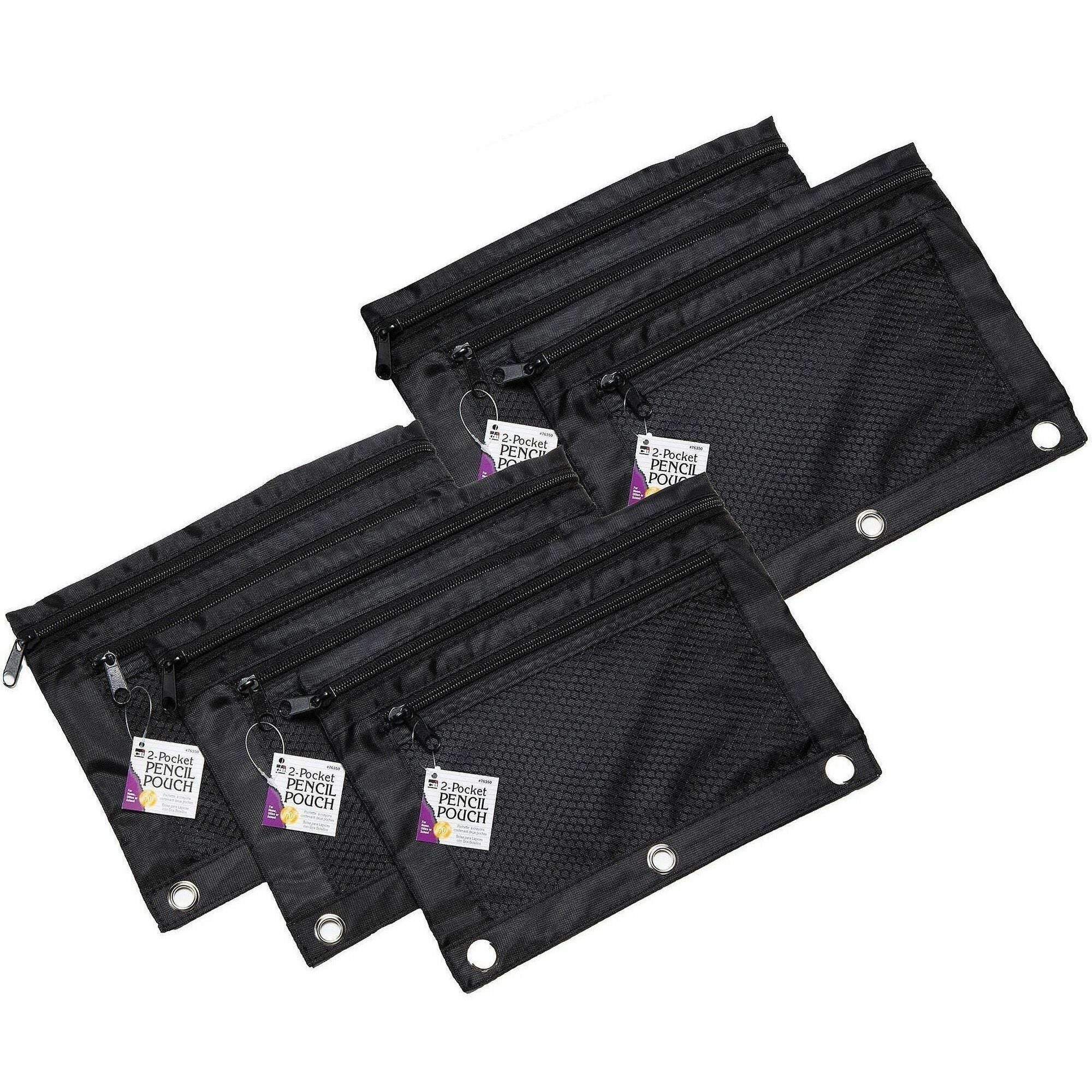 Two-Pocket Binder-Insertable Pencil Pouch with Mesh Front, 11 x 9, Black, 6/Pack