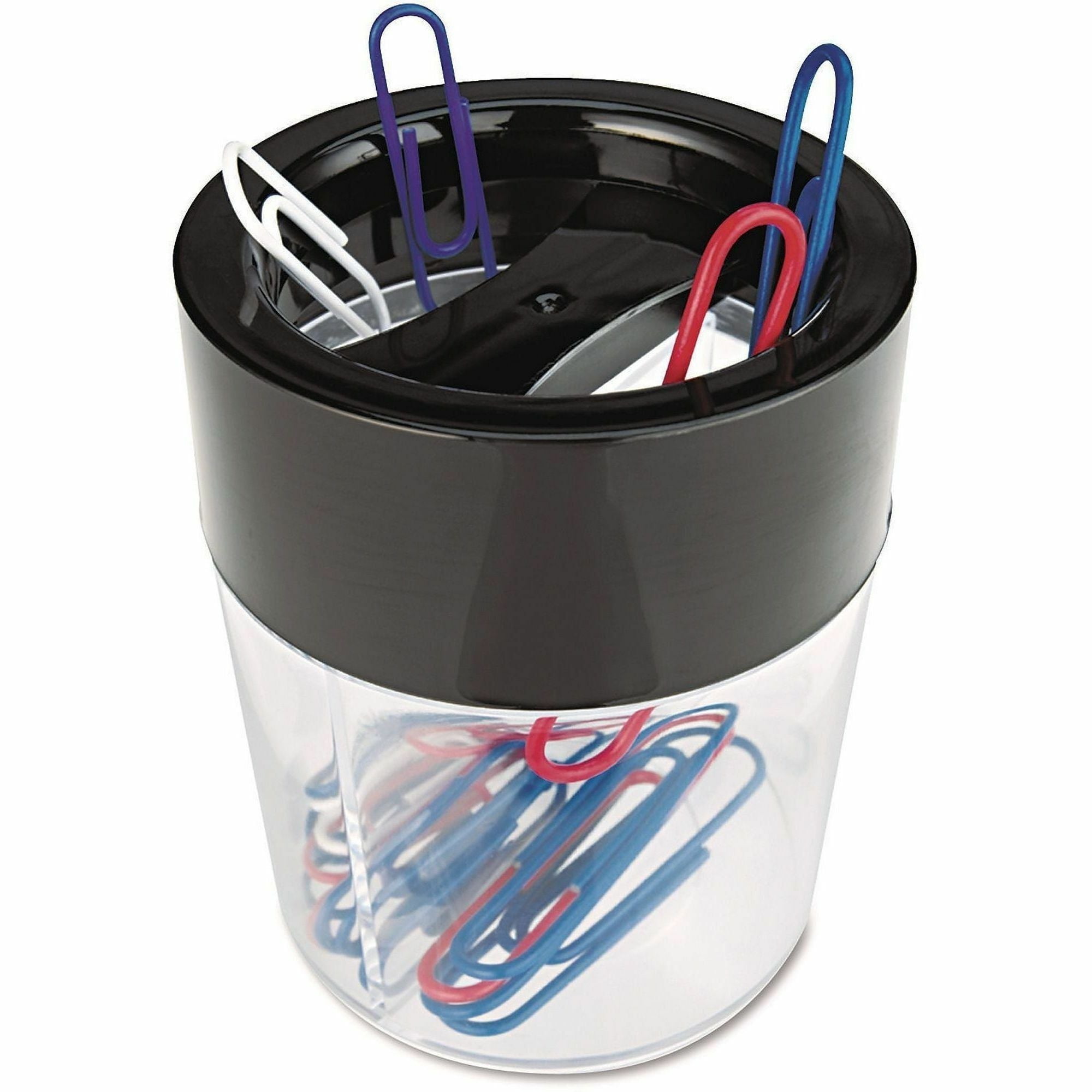 Round Magnetic Clip Dispenser, 2 Compartments, Plastic, 2.5" Diameter x 3"h, Black/Clear