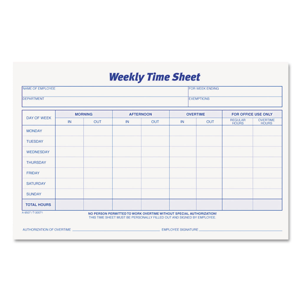 Weekly Time Sheets, One-Part (No Copies), 8.5 x 5.5, 50 Forms/Pad, 2 Pads/Pack - 
