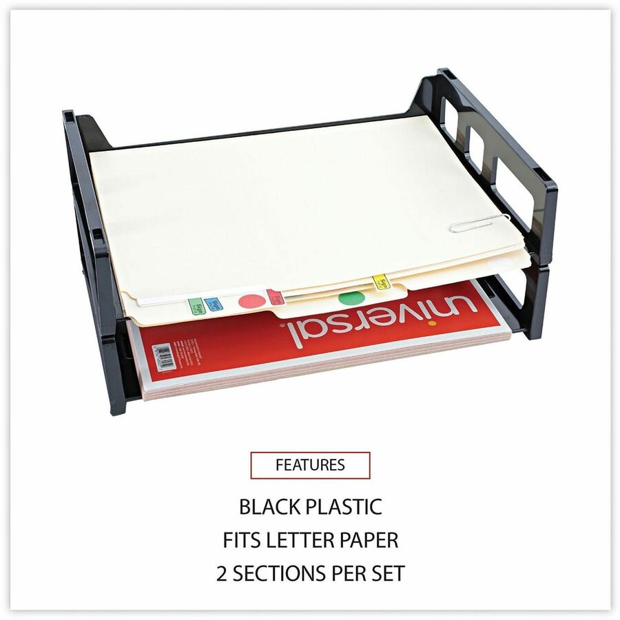 Recycled Plastic Side Load Desk Trays, 2 Sections, Letter Size Files, 13" x 9" x 2.75", Black
