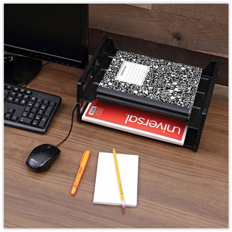 Recycled Plastic Side Load Desk Trays, 2 Sections, Letter Size Files, 13" x 9" x 2.75", Black
