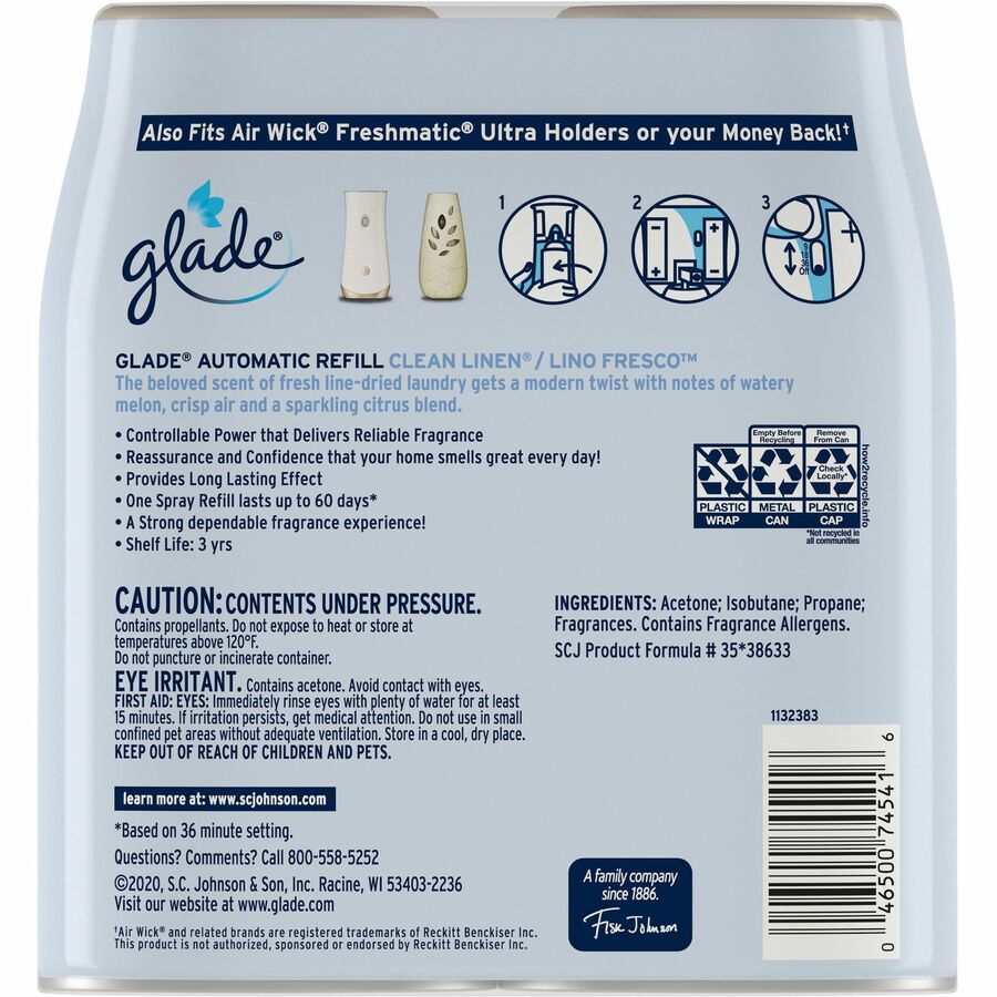 Glade Automatic Spray Refill Value Pack - 12.40 oz - Clean Linen - 60 Day - 3 / Carton - Long Lasting, Phthalate-free, Paraben-free, Formaldehyde-free
