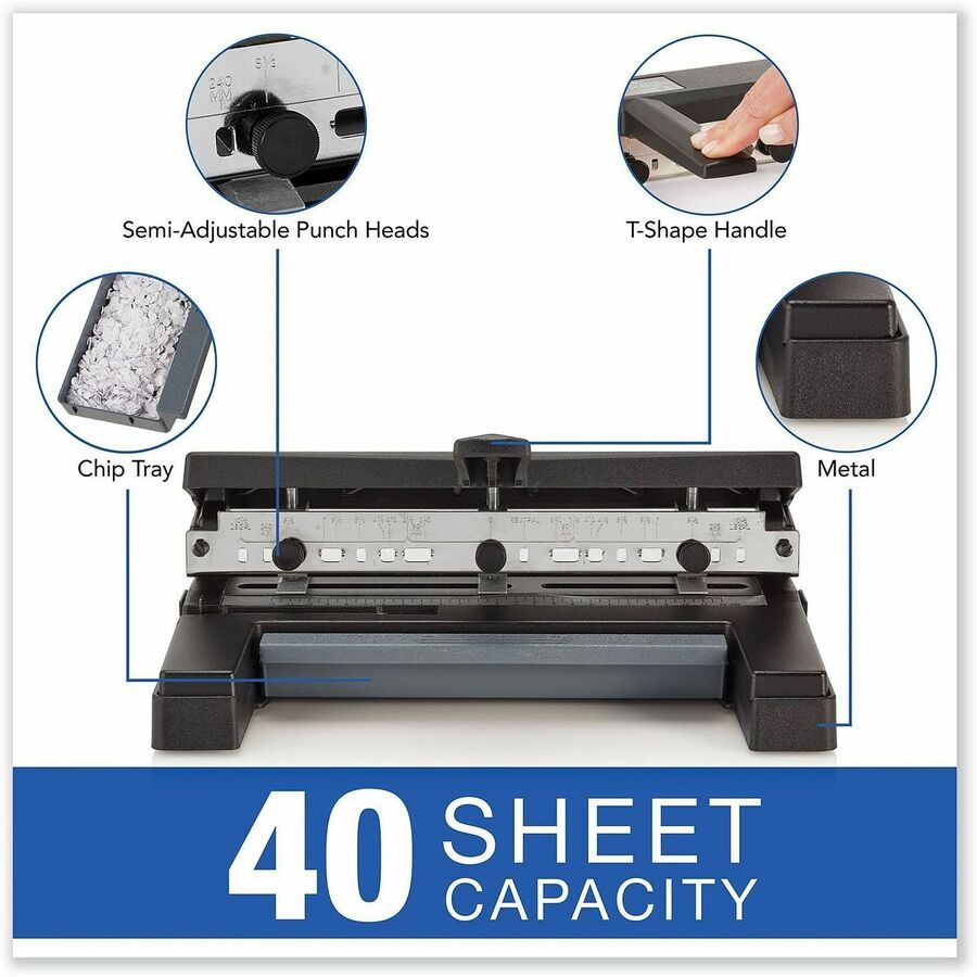 40-Sheet Heavy-Duty Two- to Four-Hole Adjustable Heavy-Duty Paper Punch, 9/32" Holes, Black