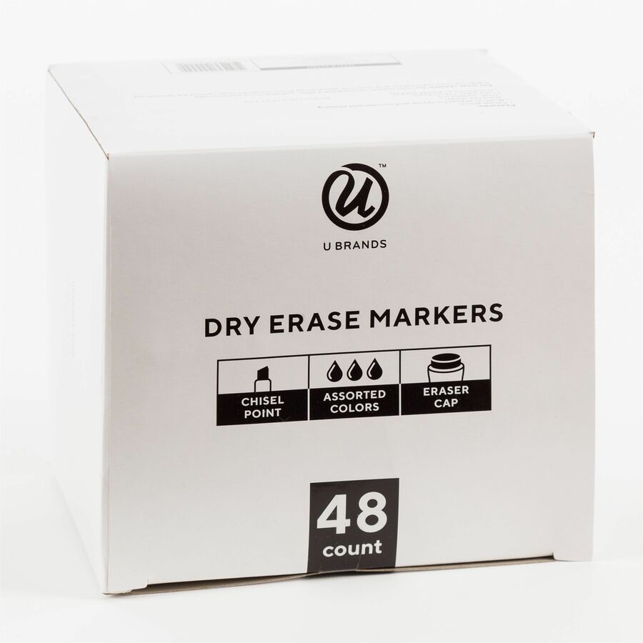 Chisel Tip Low-Odor Dry-Erase Markers with Erasers, Broad Chisel Tip, Assorted Colors, 48/Pack