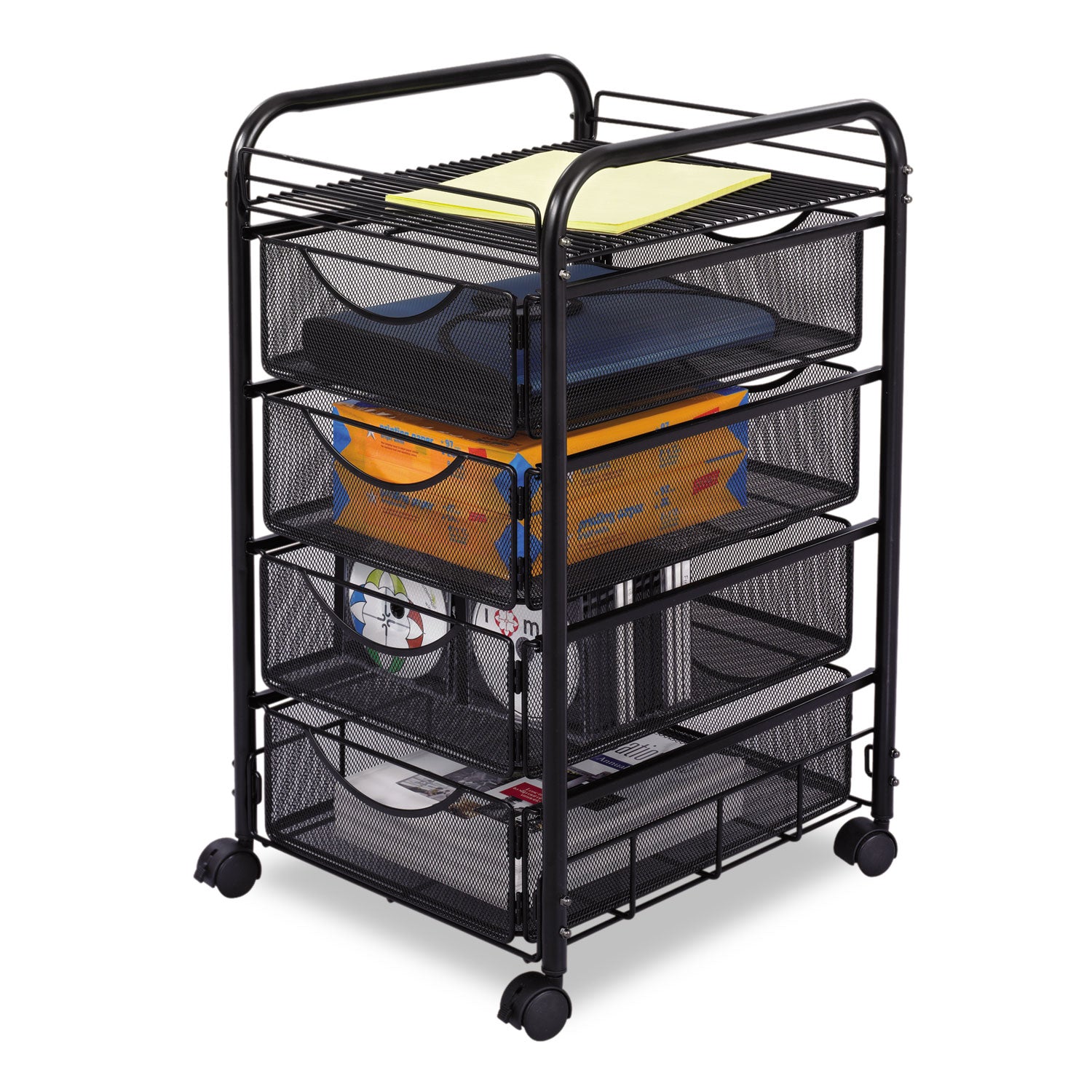 Safco Onyx Double Mesh Mobile File Cart - 2 Shelf - 4 Drawer - 4 Casters - 1.50" Caster Size - x 15.8" Width x 17" Depth x 27" Height - Black Steel Frame - Black - 1 Each