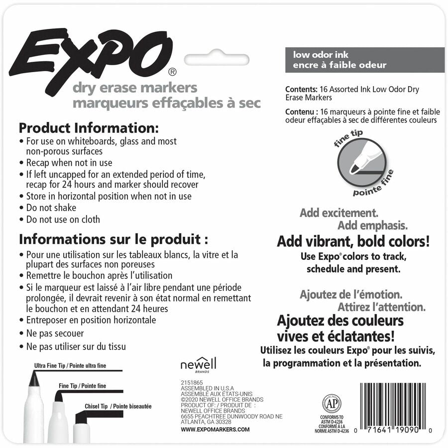 Expo Low-Odor Dry Erase Fine Tip Markers - Fine Marker Point - Assorted Alcohol Based Ink - 16 / Pack