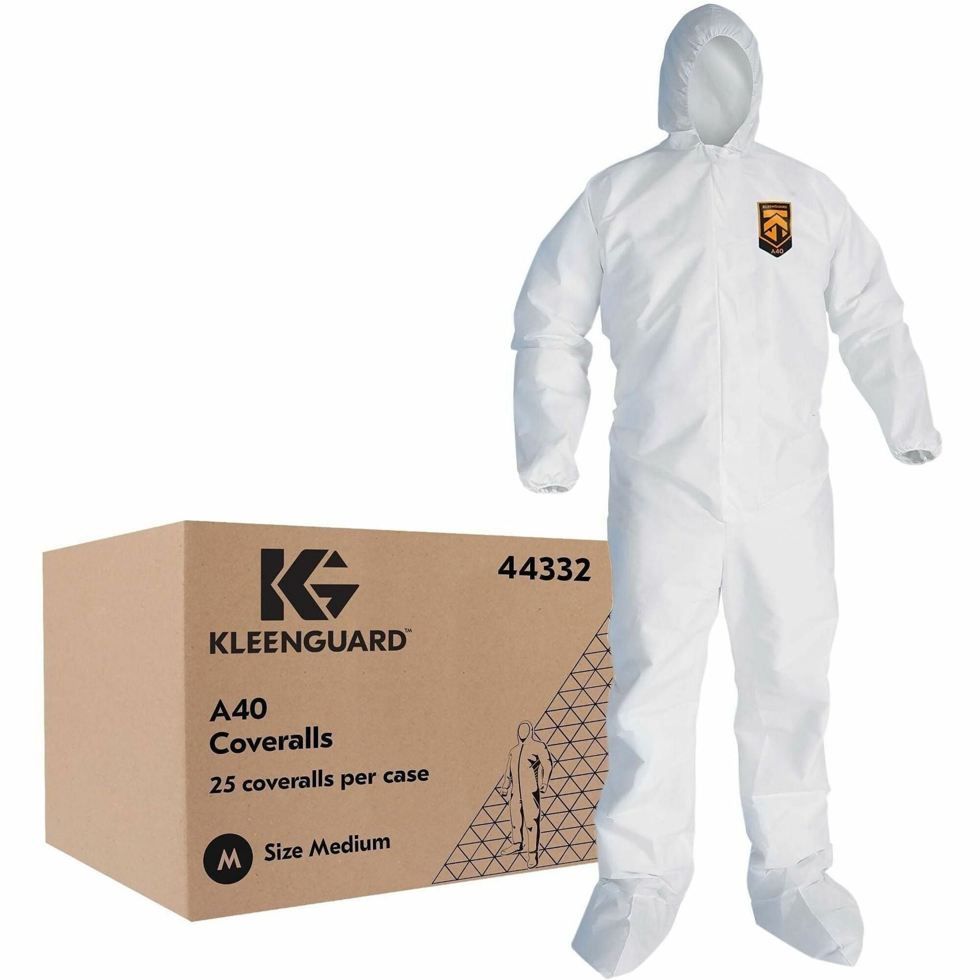 Kleenguard A40 Coveralls - Zipper Front, Elastic Wrists, Ankles, Hood & Boots - Medium Size - Liquid, Flying Particle Protection - White - Hood, Zipper Front, Elastic Wrist, Elastic Ankle, Breathable, Low Linting - 25 / Carton