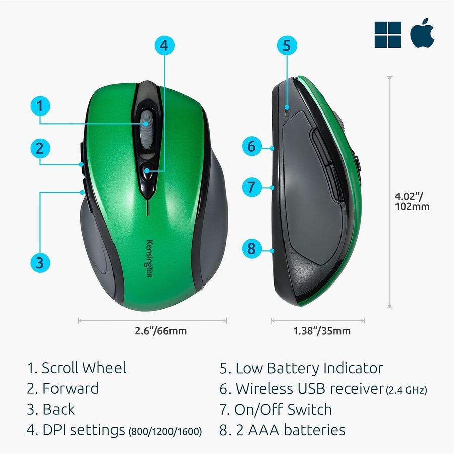 Pro Fit Mid-Size Wireless Mouse, 2.4 GHz Frequency/30 ft Wireless Range, Right Hand Use, Emerald Green