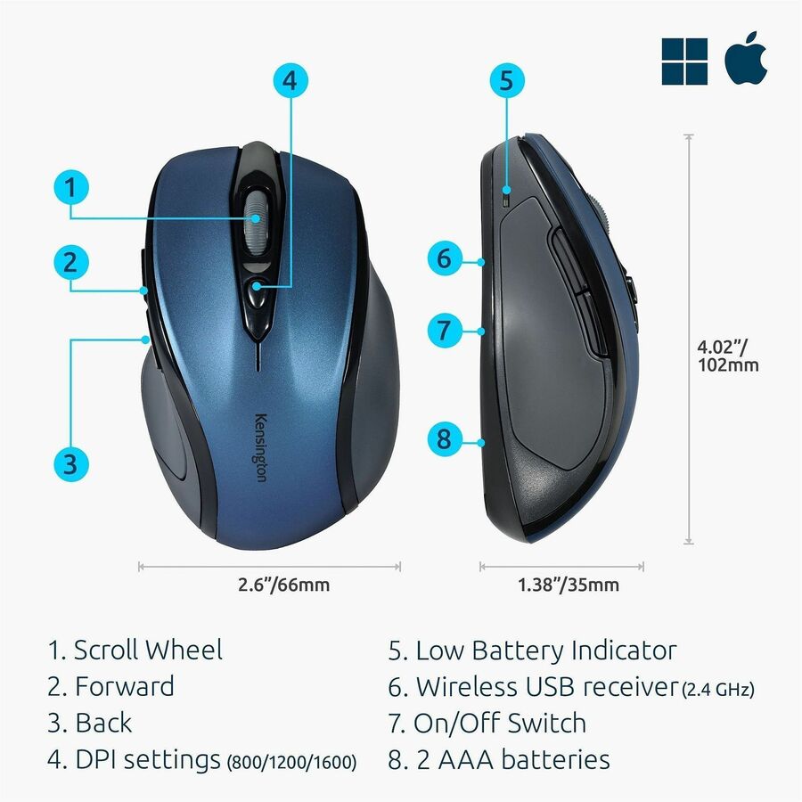 Pro Fit Mid-Size Wireless Mouse, 2.4 GHz Frequency/30 ft Wireless Range, Right Hand Use, Sapphire Blue