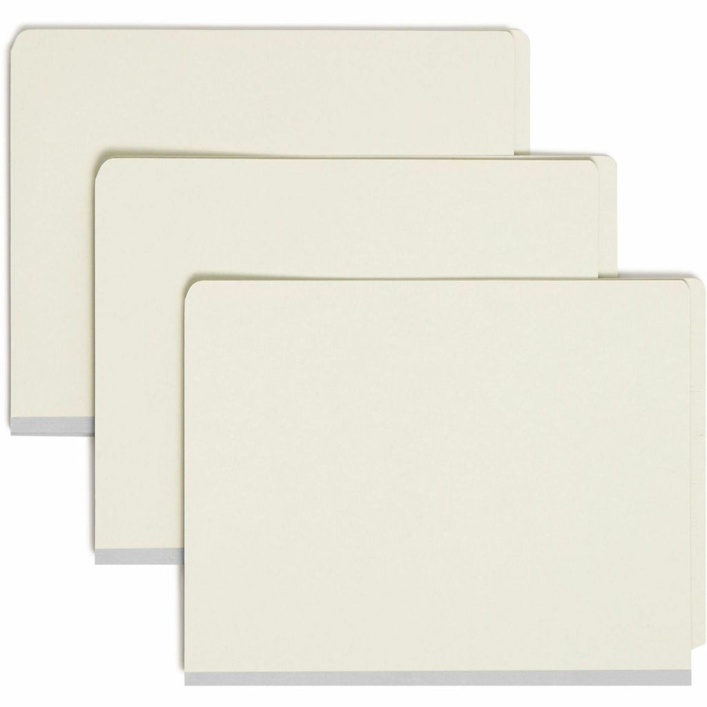 End Tab Pressboard Classification Folders, Six SafeSHIELD Fasteners, 2" Expansion, 2 Dividers, Letter Size, Gray-Green, 10/BX