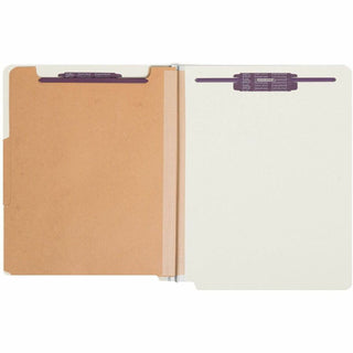 End Tab Pressboard Classification Folders, Six SafeSHIELD Fasteners, 2" Expansion, 2 Dividers, Letter Size, Gray-Green, 10/BX
