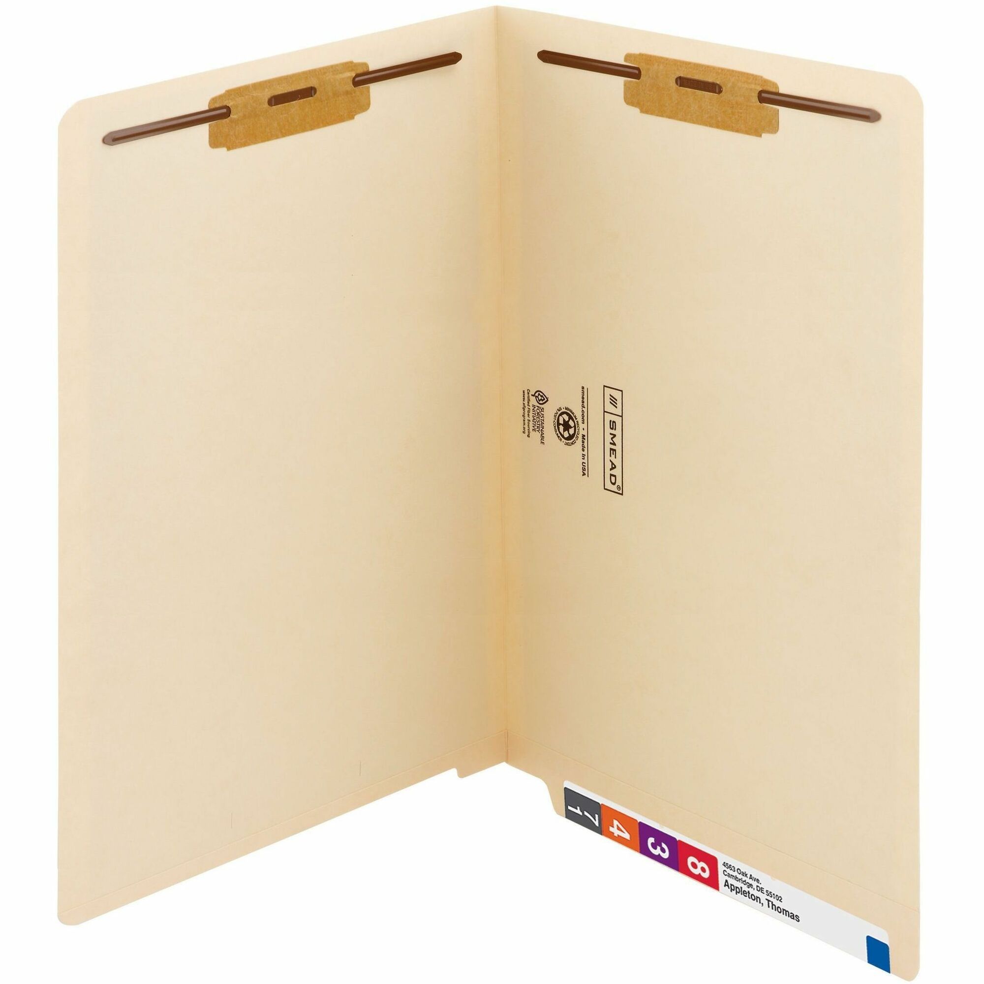 End Tab Fastener Folders with Reinforced Straight Tabs, 11-pt Manila, 2 Fasteners, Legal Size, Manila Exterior, 50/Box
