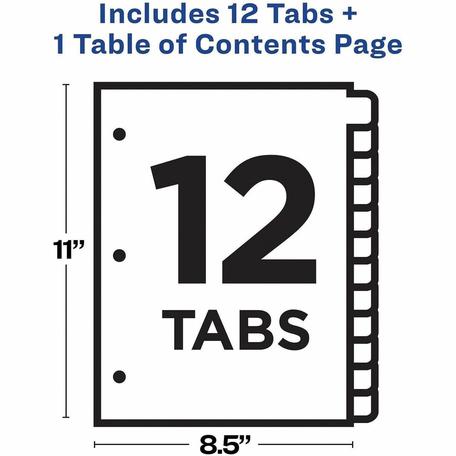 Customizable TOC Ready Index Multicolor Tab Dividers, 12-Tab, 1 to 12, 11 x 8.5, White, Traditional Color Tabs, 1 Set