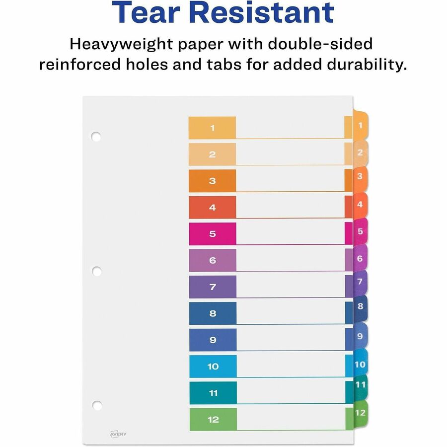 Customizable TOC Ready Index Multicolor Tab Dividers, 12-Tab, 1 to 12, 11 x 8.5, White, Traditional Color Tabs, 1 Set