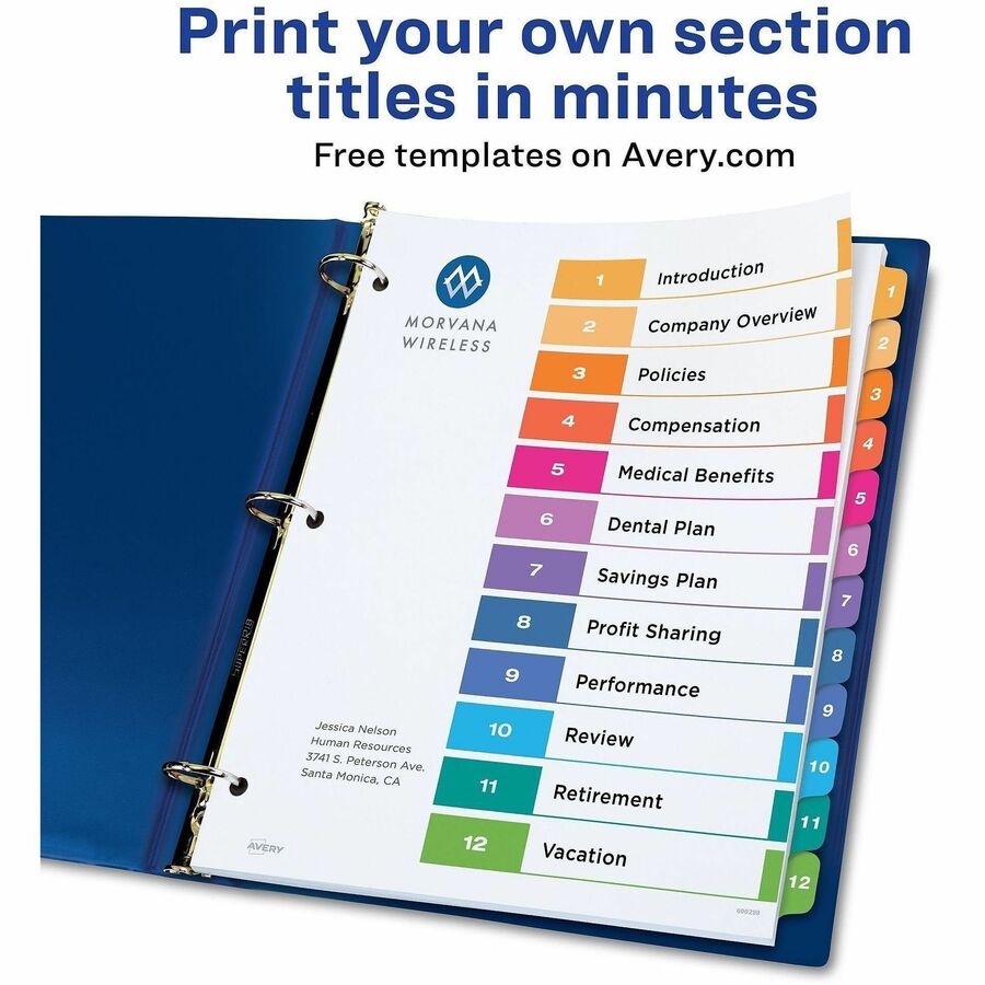Customizable TOC Ready Index Multicolor Tab Dividers, 12-Tab, 1 to 12, 11 x 8.5, White, Traditional Color Tabs, 1 Set