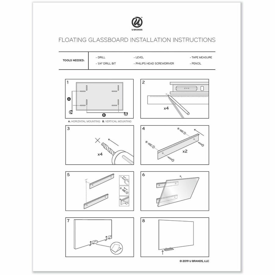 Floating Glass Dry Erase Board, 70 x 35, White