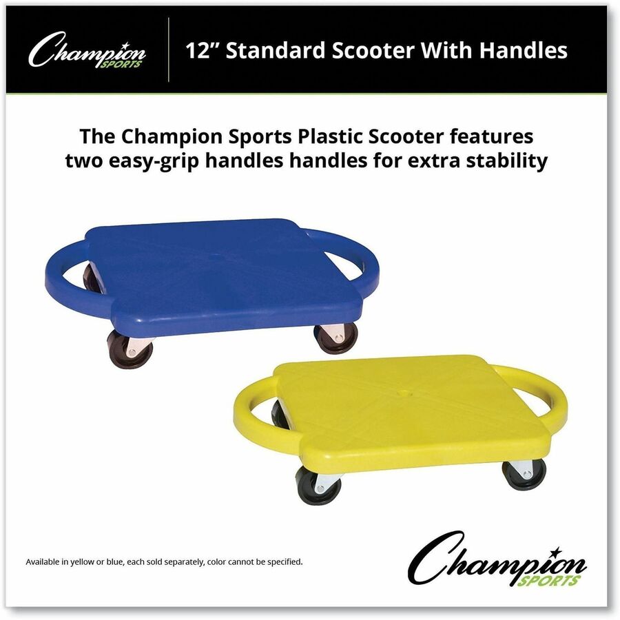 Scooter with Handles, Blue/Yellow, 4 Rubber Swivel Casters, Plastic, 12 x 12