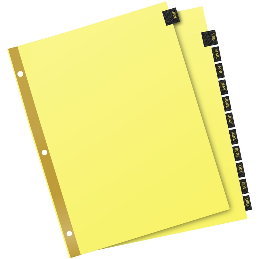 Preprinted Black Leather Tab Dividers w/Gold Reinforced Edge, 12-Tab, Jan. to Dec., 11 x 8.5, Buff, 1 Set