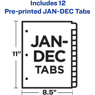 Preprinted Black Leather Tab Dividers w/Gold Reinforced Edge, 12-Tab, Jan. to Dec., 11 x 8.5, Buff, 1 Set