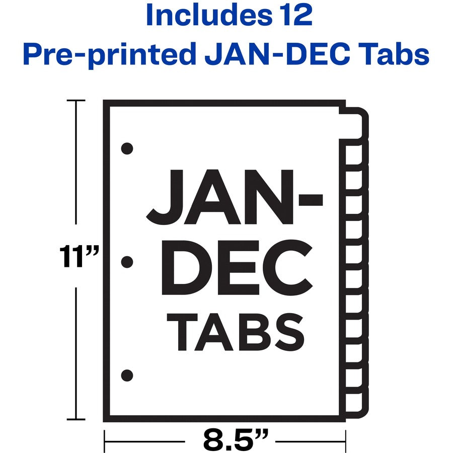 Preprinted Black Leather Tab Dividers w/Gold Reinforced Edge, 12-Tab, Jan. to Dec., 11 x 8.5, Buff, 1 Set
