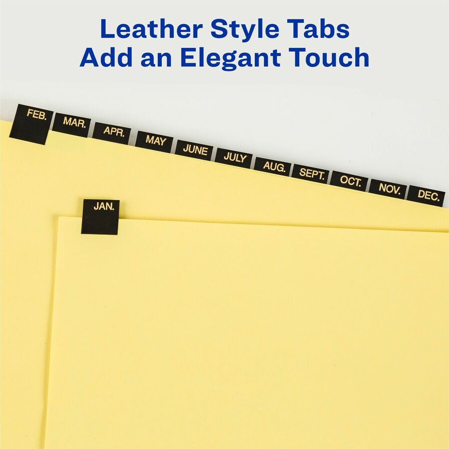 Preprinted Black Leather Tab Dividers w/Gold Reinforced Edge, 12-Tab, Jan. to Dec., 11 x 8.5, Buff, 1 Set