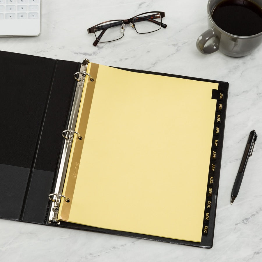 Preprinted Black Leather Tab Dividers w/Gold Reinforced Edge, 12-Tab, Jan. to Dec., 11 x 8.5, Buff, 1 Set