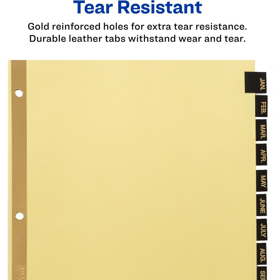 Preprinted Black Leather Tab Dividers w/Gold Reinforced Edge, 12-Tab, Jan. to Dec., 11 x 8.5, Buff, 1 Set