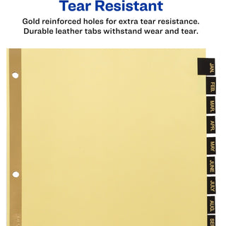 Preprinted Black Leather Tab Dividers w/Gold Reinforced Edge, 12-Tab, Jan. to Dec., 11 x 8.5, Buff, 1 Set